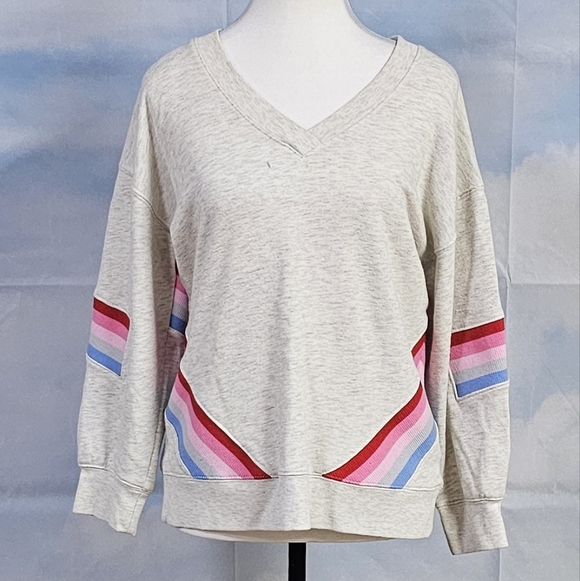 DEMOCRACY | COTTON BLEND CROPPED SLEEVE DOUBLE V NECKLINE SWEATSHIRT PUL… - Picture 2 of 16